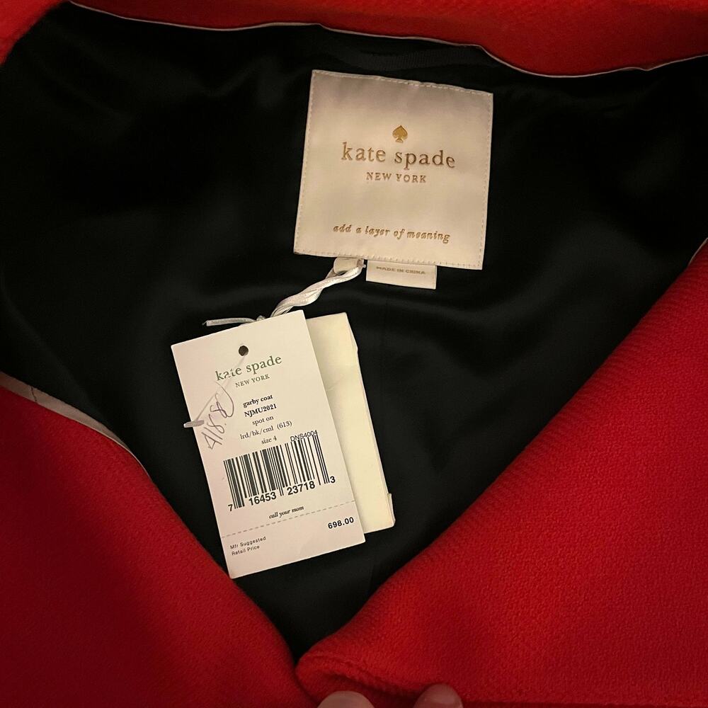 Kate Spade Garby 100% Wool Coat Red Black Ivory Size 4 NWT - Picture 6 of 6